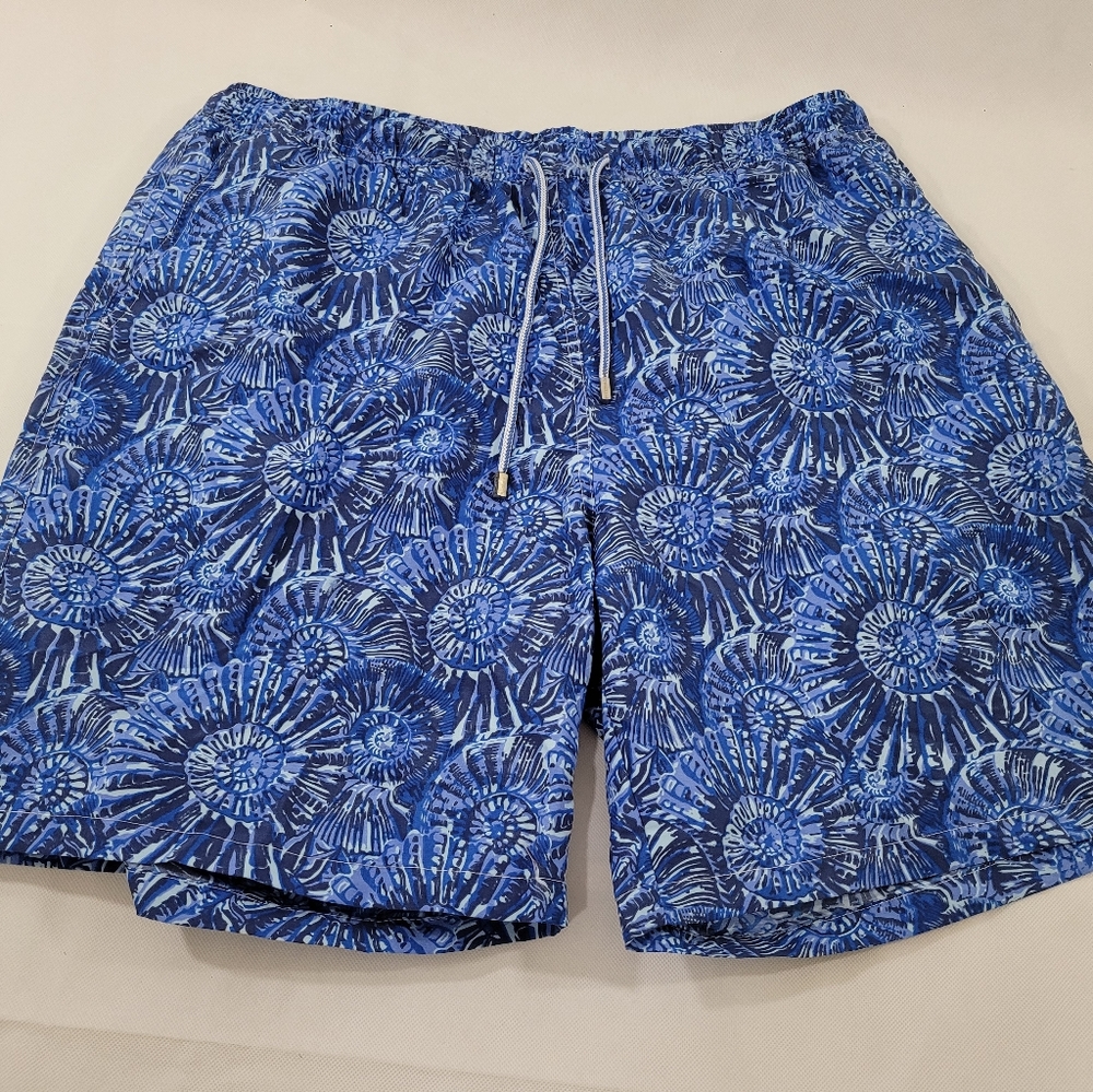 Peter Millar Navy and Light Blue Floral Swim Trunks